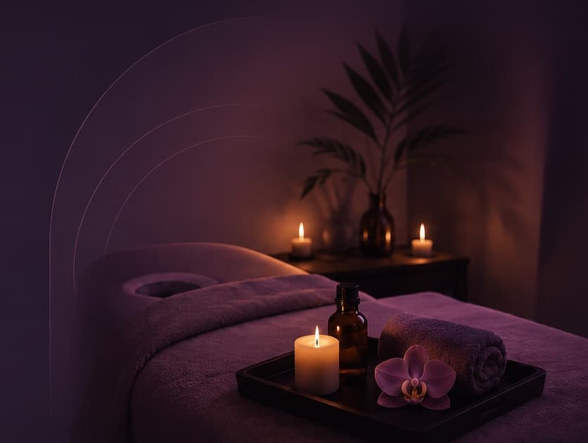 A candlelit massage table with warm oils, folded towels and an orchid, set up at home